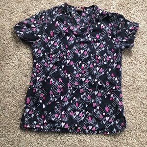 icu By Barco Gray and Pink Heart Pattern Scrub Top